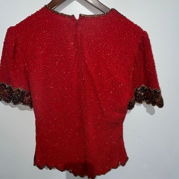Laurence Kazar Women's Red Bow Holiday Rhinestones Beaded Blouse Size Small - Picture 6 of 7